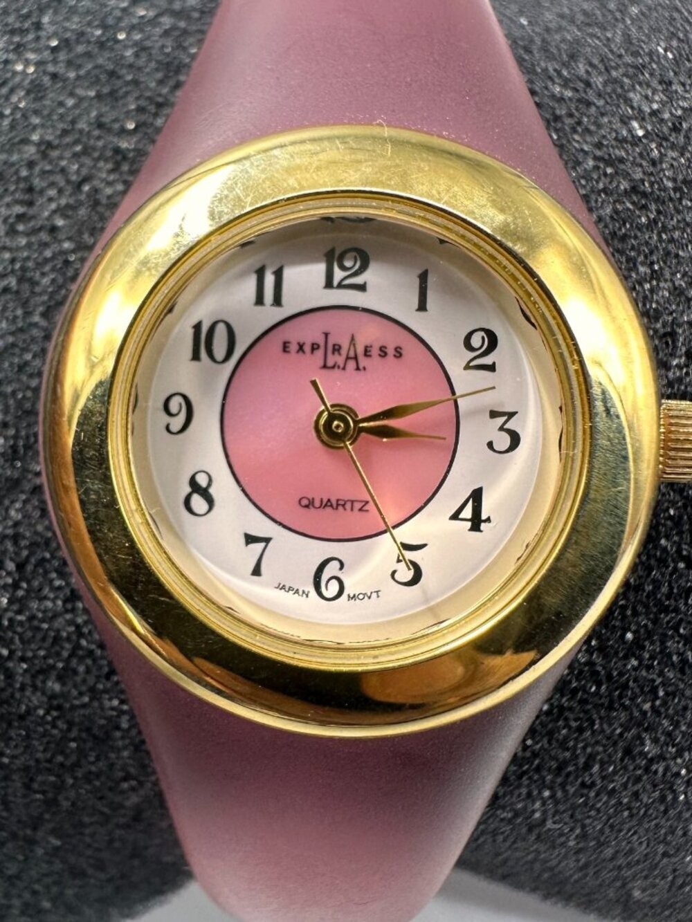 Vintage LA Express Watch Women Gold Tone Pink Lucite Band New Battery 6.75"